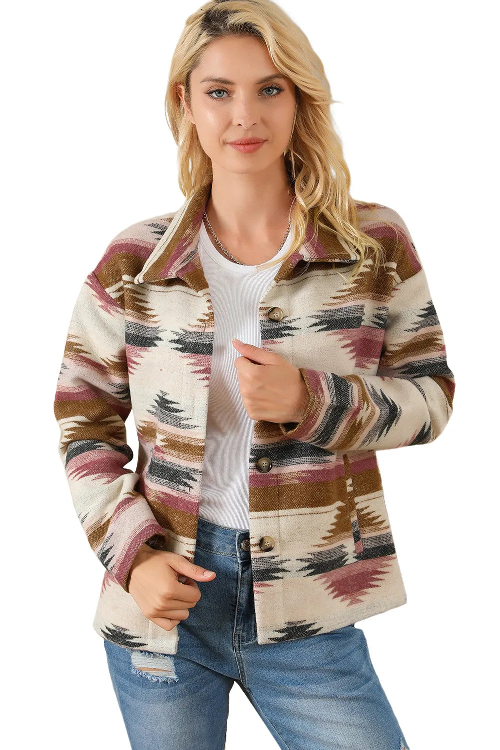 Multicolor Aztec Print Button Up Long Sleeve Jacket - Chic Meadow Boutique 