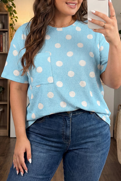 Sky Blue Twisted Rib Polka Dot Print Plus Size T Shirt