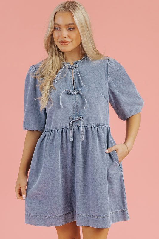 Dusk Blue Bowknot Bubble Sleeve Short Denim Dress