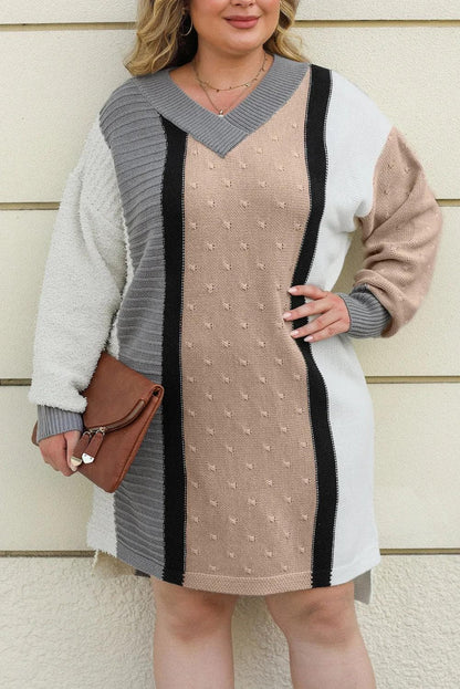 Plus Size/Plus Size Dresses/Plus Size Mini Dresses Apricot Mixed Boucl Color Block Plus Size Sweater Dress