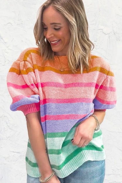 Rose Red Colorful Stripe Bubble Short Sleeve Sweater - Chic Meadow Boutique 