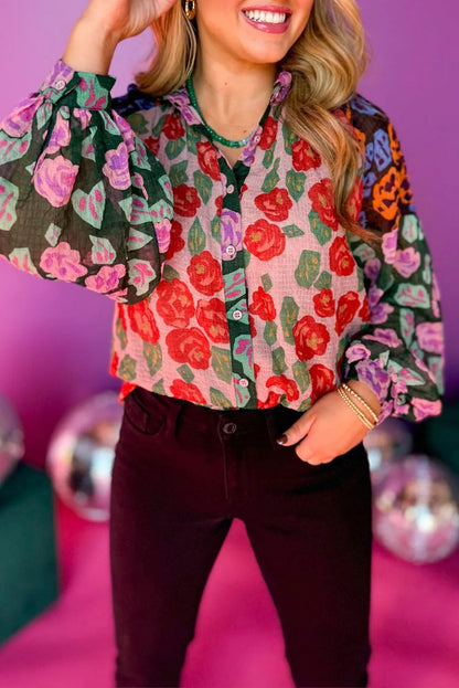 Red Colorblock Floral Printed Puff Sleeve Shirt - Chic Meadow Boutique 