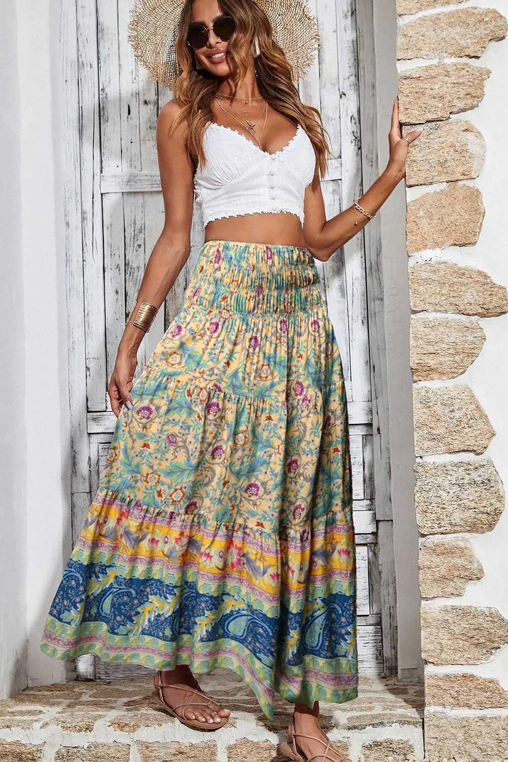 Sky Blue Boho Floral & Paisley Print Shirred Waist Long Skirt - Chic Meadow Boutique 