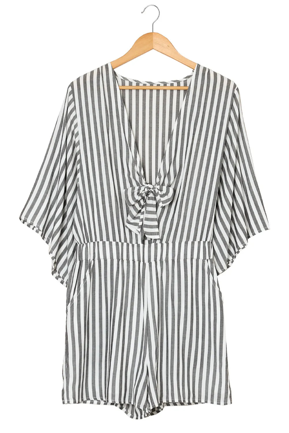 Gray 3/4 Wide Kimono Sleeves Tie Front Striped Romper with Pockets - Chic Meadow Boutique 