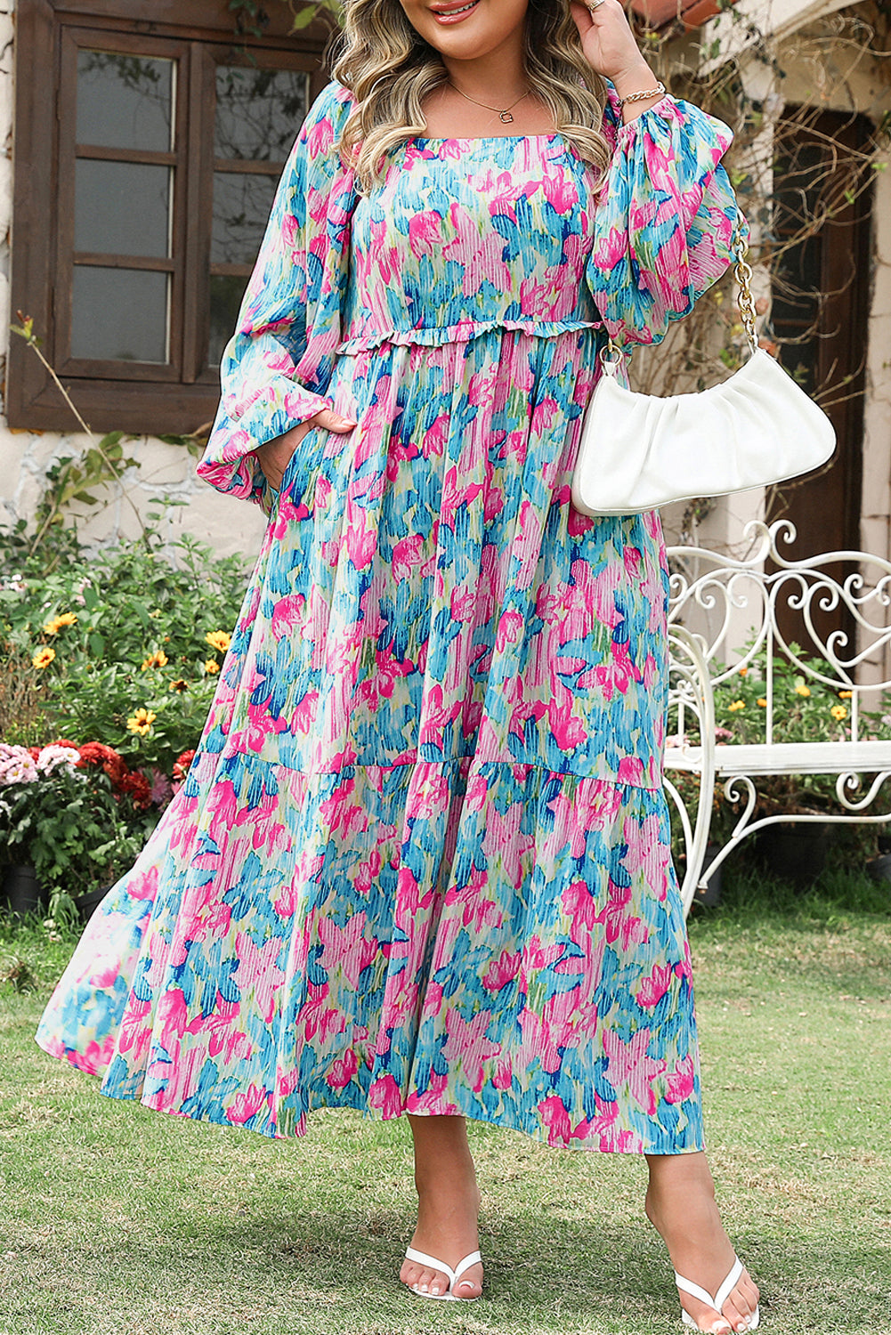Sky Blue Floral Allover Print Shirred Square Neck Plus Size Maxi Dress