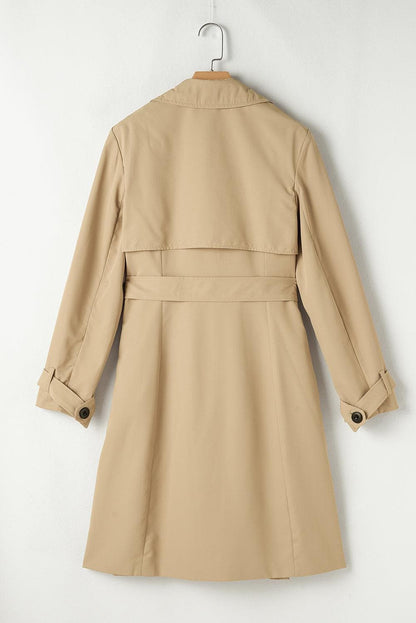 Outerwear/Coats Pale Khaki Solid Color Lapel Collar Waist Tie Wind Coat