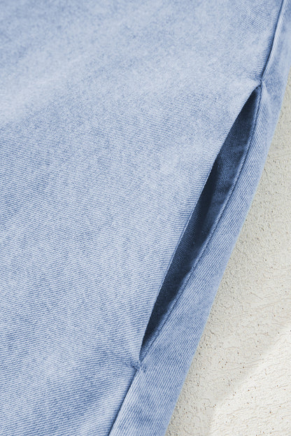 Beau Blue Double Ruffled Sleeves Buttoned A-line Collared Mini Denim Dress