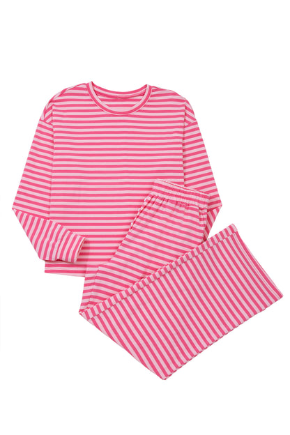 Rose Stripe Drop Shoulder Round Neck Top and Buttoned Straight Pants Two Piece Set