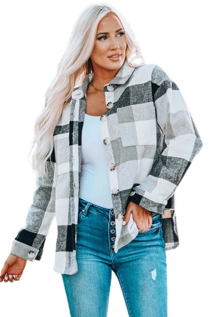 Gray Plaid Color Block Buttoned Long Sleeve Jacket with Pocket - Chic Meadow Boutique 