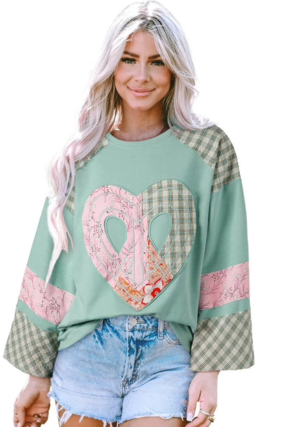 Clearly Aqua Plaid Floral Peace Heart Graphic Wide Long Sleeve Top - Chic Meadow Boutique 