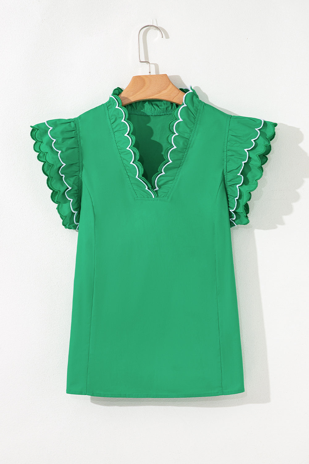 Bright Green Contrast Scallop Trim Layered Short Sleeve V Neck Blouse