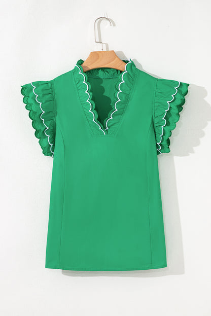 Bright Green Contrast Scallop Trim Layered Short Sleeve V Neck Blouse