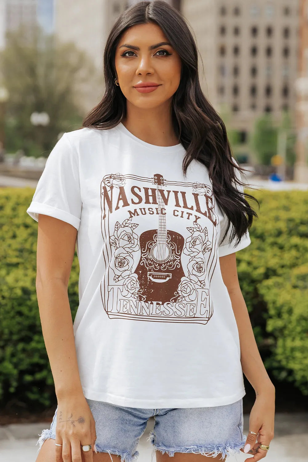 White NASHVILLE MUSIC CITY Graphic Crew Neck Tee - Chic Meadow Boutique 