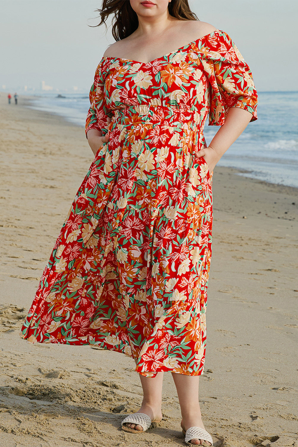 Orange Floral V Neck Flutter Sleeve Cinched Waist Long Plus Size Dress