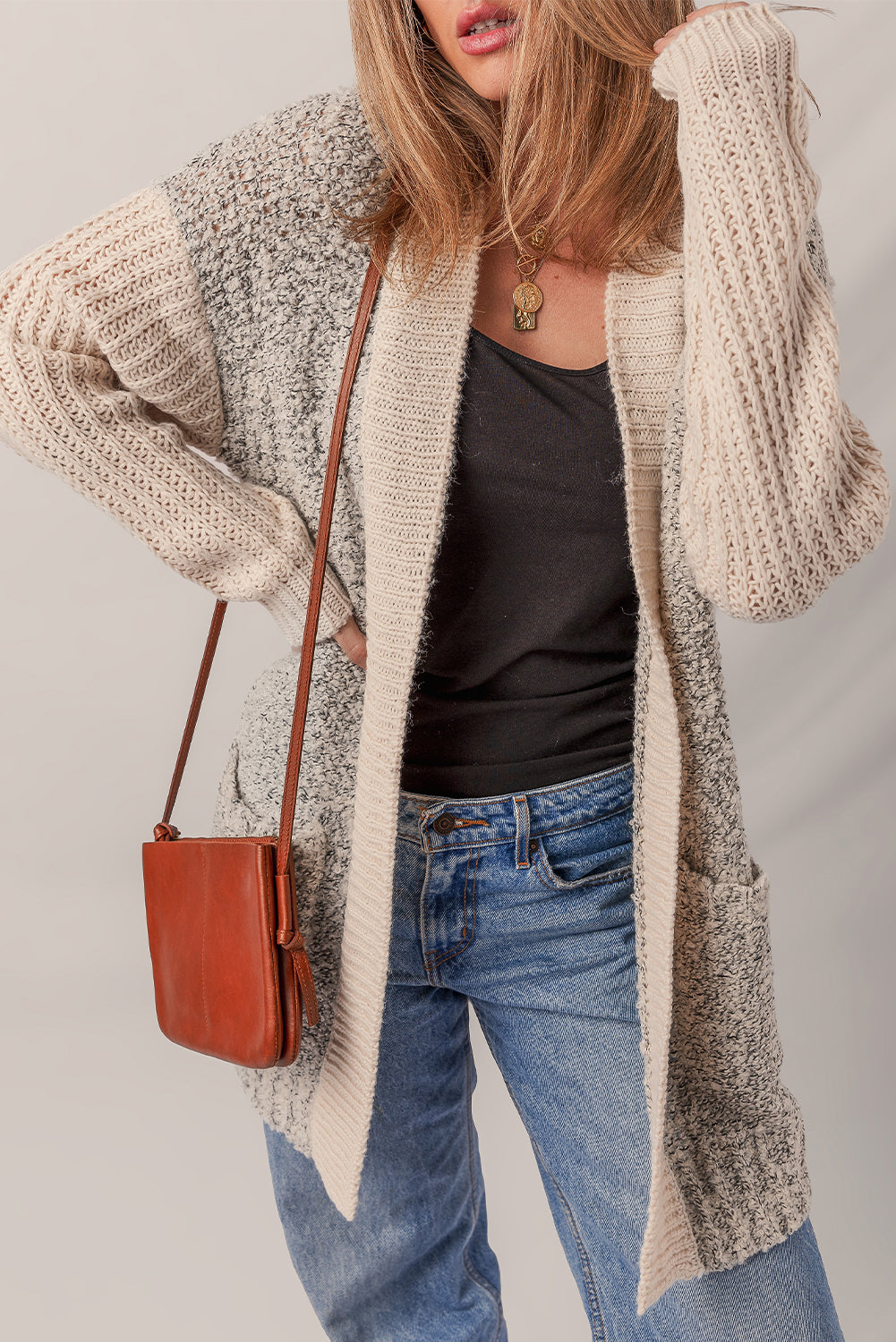 High Color Block Side Pockets Open Front Cardigan