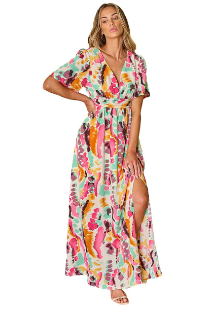 Pink Boho Tie-dye Print V Neck Maxi Dress - Chic Meadow Boutique 