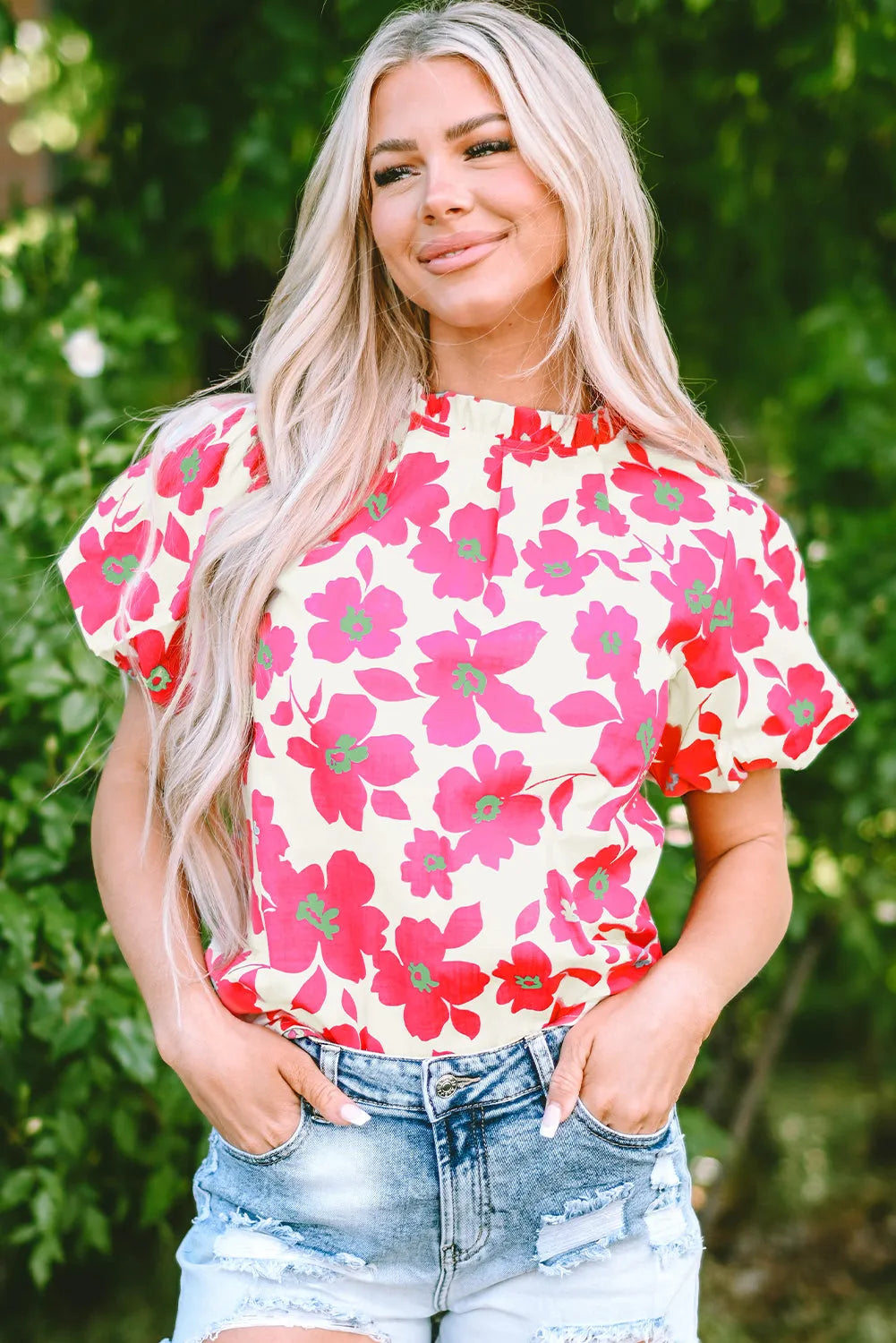 Beige Floral Puff Sleeve Frilled Neckline Blouse - Chic Meadow Boutique 