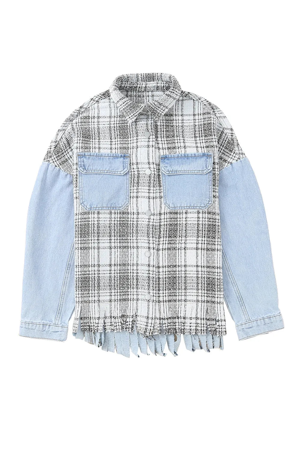 Sky Blue Plaid Patchwork Fringed Flap Pockets Denim Jacket - Chic Meadow Boutique 