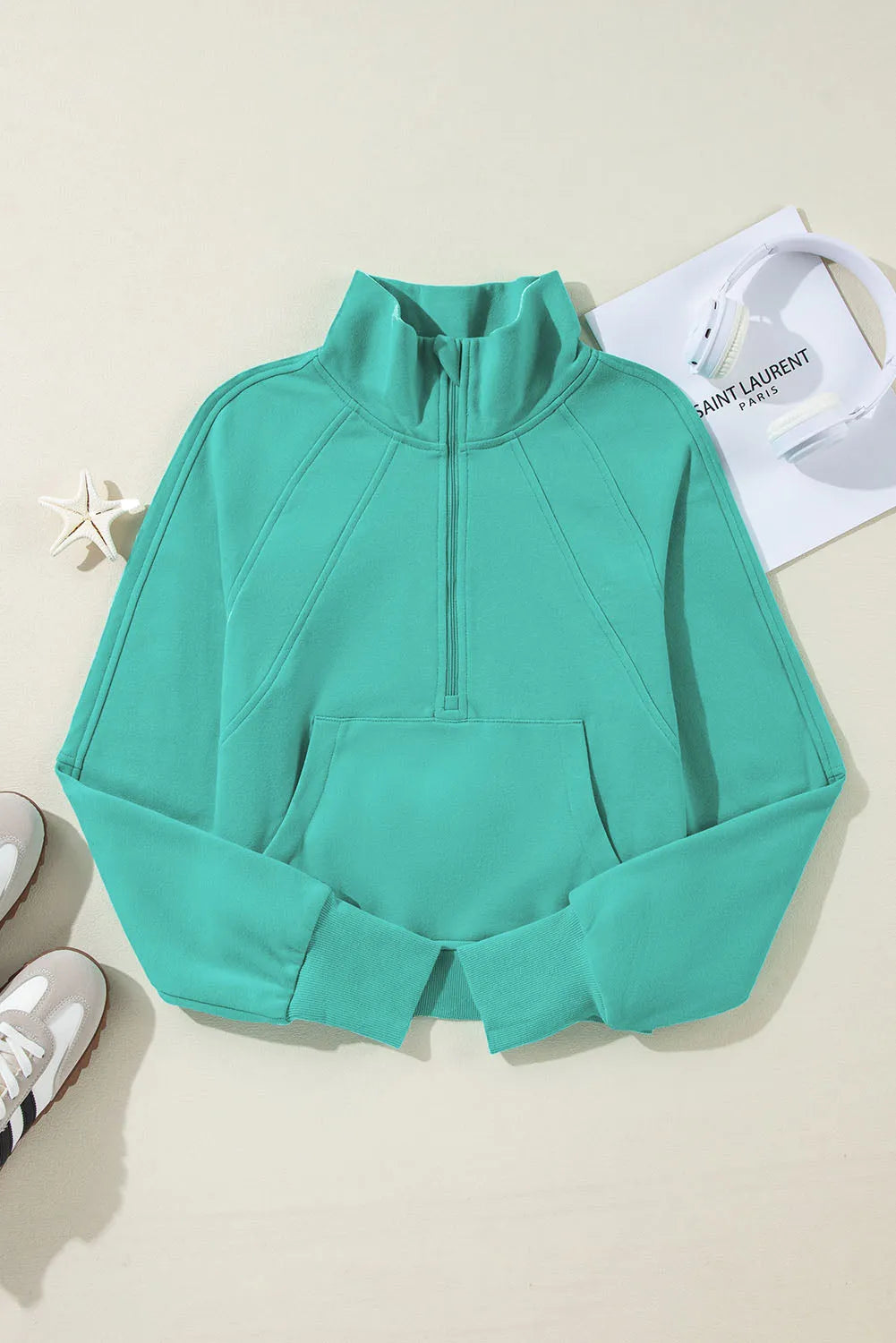 Sea Green Fleece Lined Zip Up Stand Collar Thumbhole Sleeve Sweatshirt - Chic Meadow Boutique 