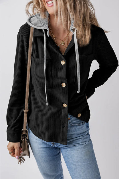 Black Hooded Drawstring Pockets Corduroy Shacket - Chic Meadow Boutique 