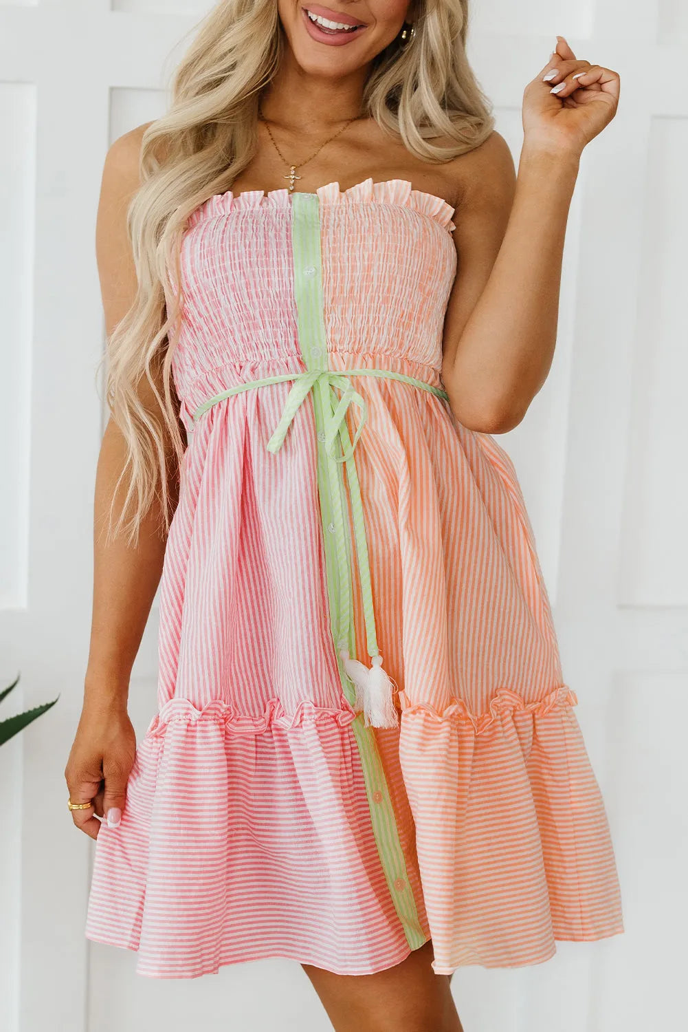 Pink Stripe Color Block Smocked Button Front Frilled Strapless Mini Dress - Chic Meadow Boutique 