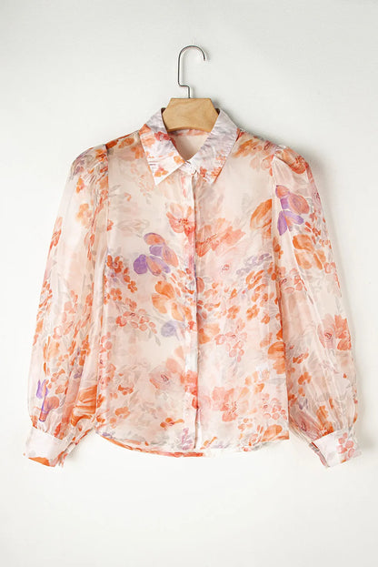 White Floral Print Collared Balloon Sleeve Loose Shirt - Chic Meadow Boutique 