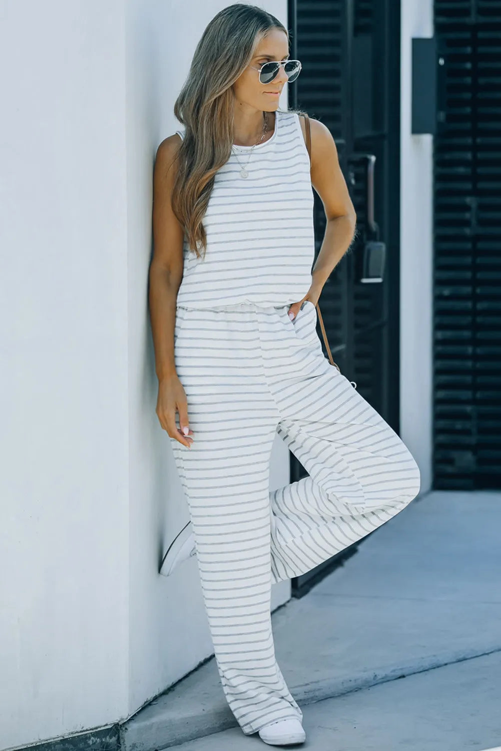 White Striped Print Pocketed Sleeveless Jumpsuit - Chic Meadow Boutique 