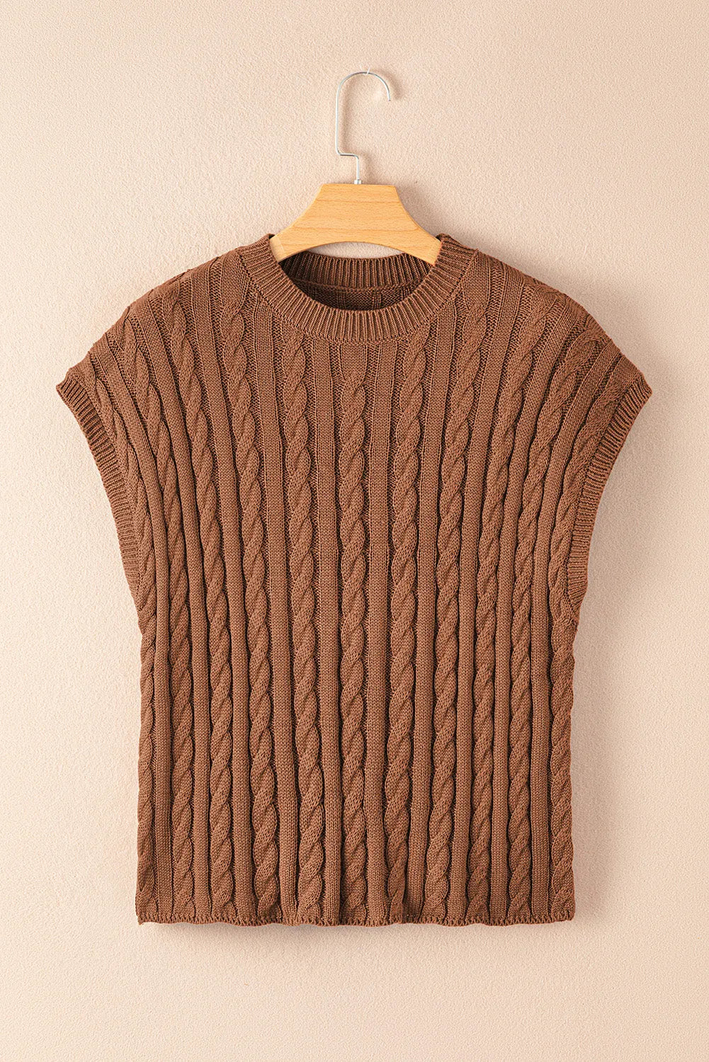 Chestnut Crew Neck Cable Knit Short Sleeve Sweater - Chic Meadow Boutique 