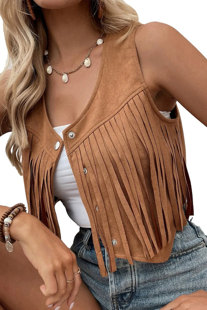 Camel Fringed Snap Button Front Suedette Vest - Chic Meadow Boutique 