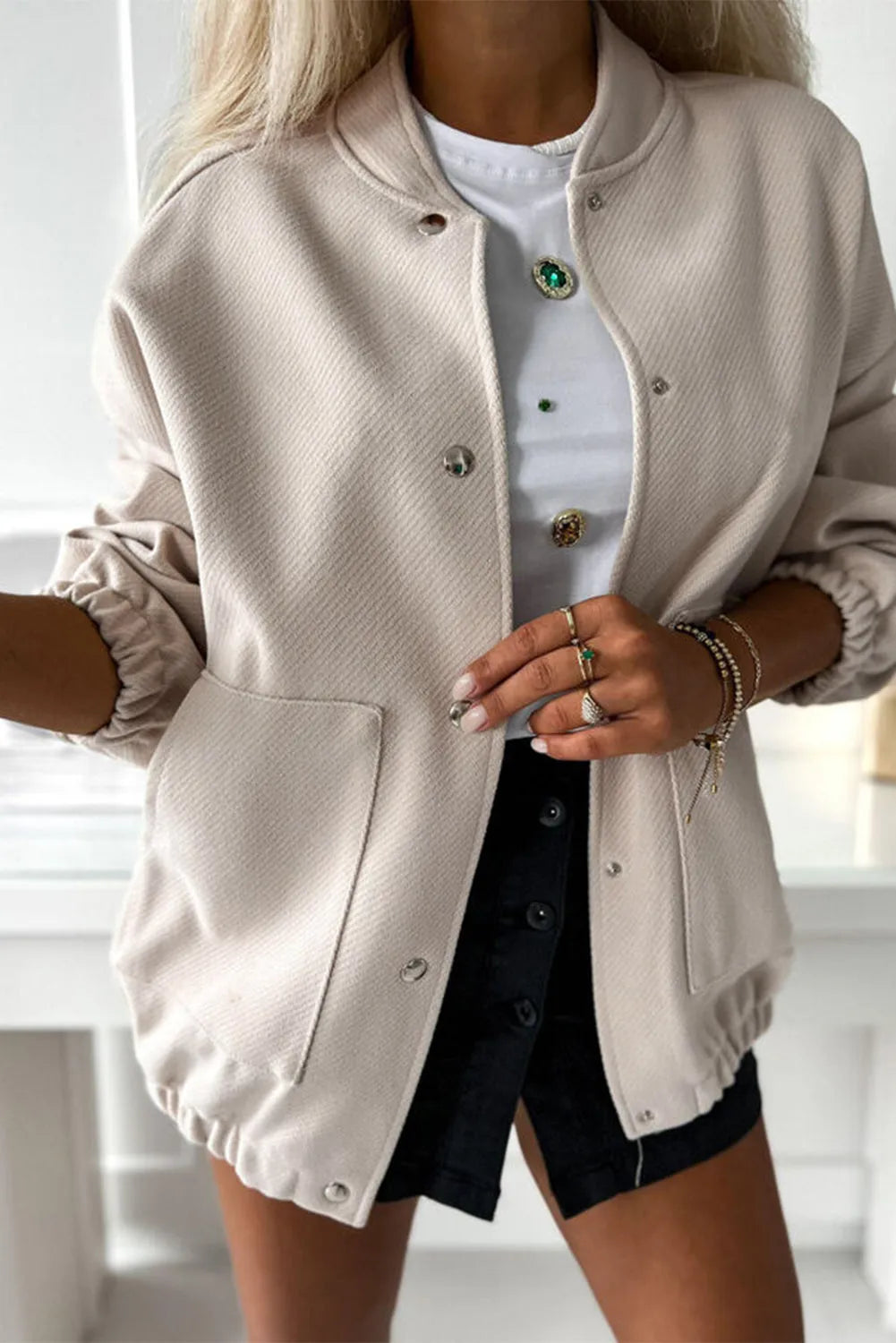 Beige Baseball Collar Snap Button Pocketed Bomber Jacket - Chic Meadow Boutique 