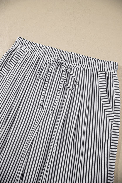 Black Stripe Plus Size Tie Waist Loose Pants