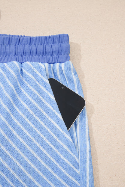 Sky Blue Stripe Crew Neck Tee Drawstring Waist Cropped Pants Set