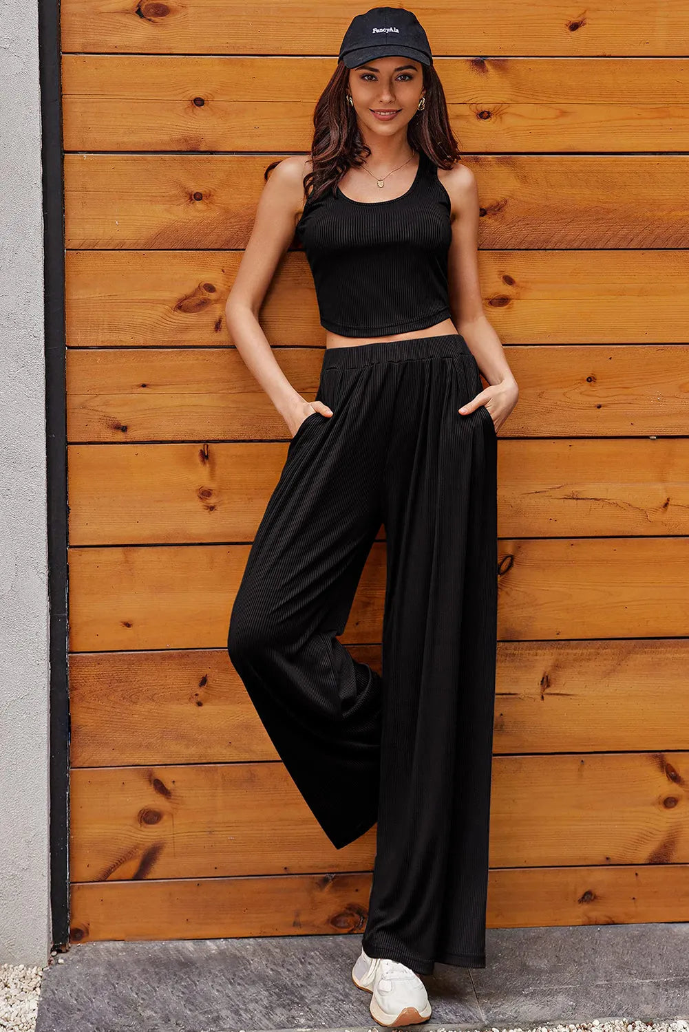 Black Textured Sleeveless Crop Top and Wide Leg Pants Outfit - Chic Meadow Boutique 