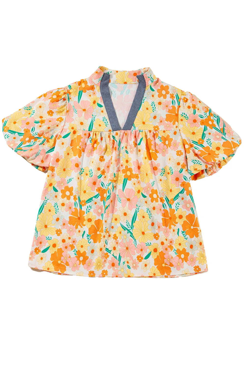 Multicolour Floral Print Bubble Sleeve V Neck Blouse - Chic Meadow Boutique 