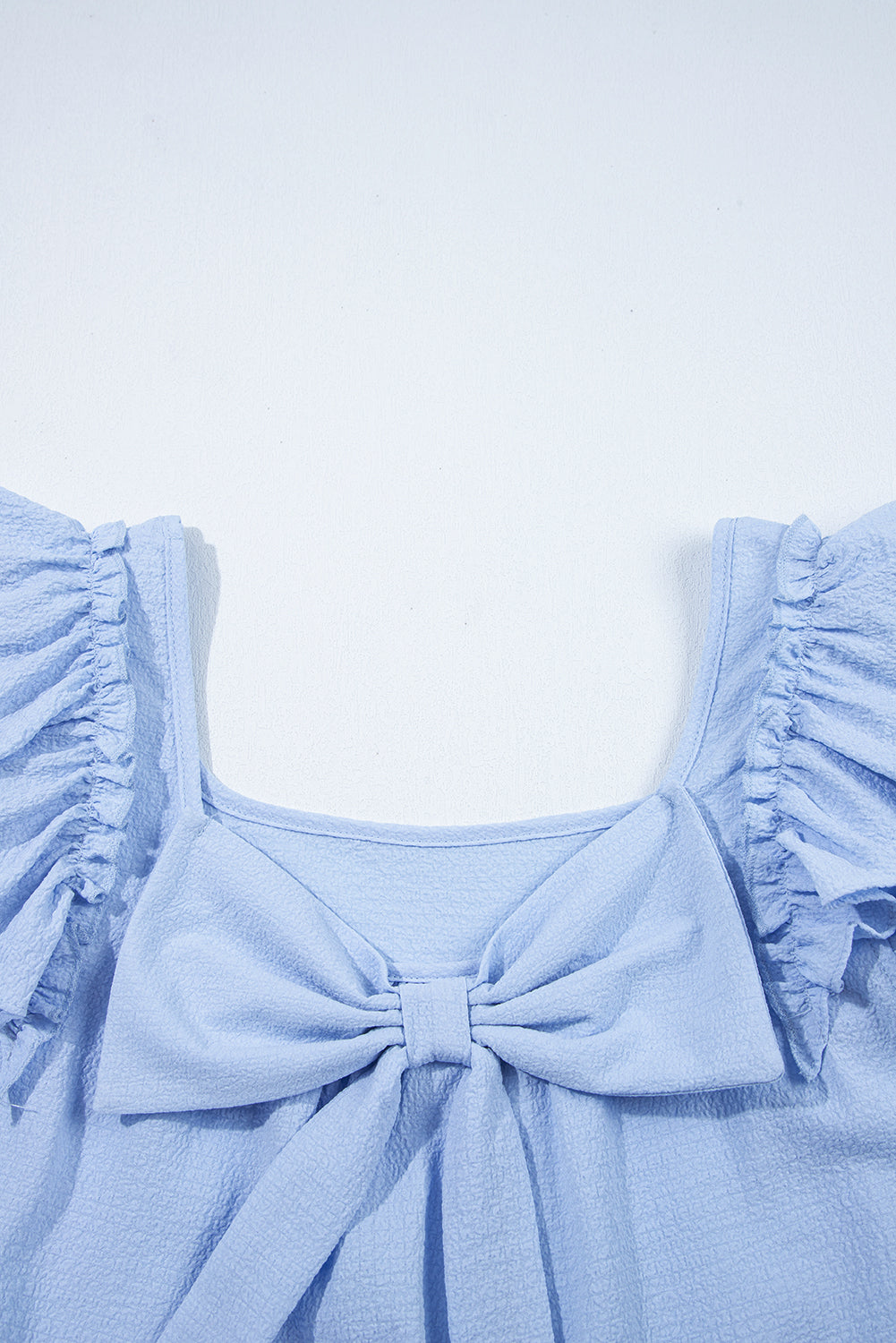Beau Blue Textured Bow Knot Frilled Butterfly Sleeve Blouse