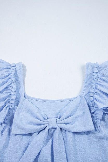 Beau Blue Textured Bow Knot Frilled Butterfly Sleeve Blouse