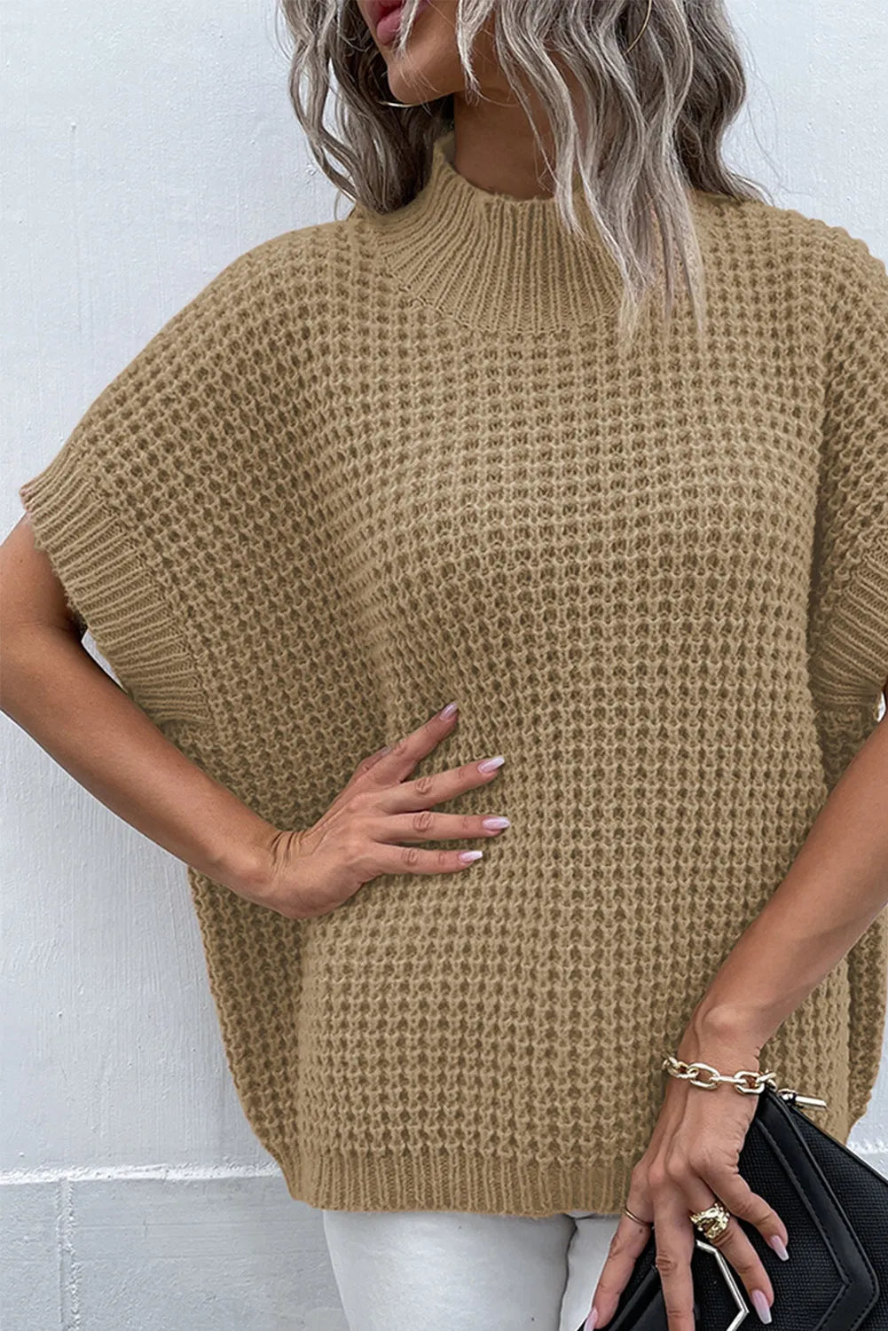 Tops/Sweaters & Cardigans Light French Beige High Neck Short Batwing Sleeve Textured Knit Sweater