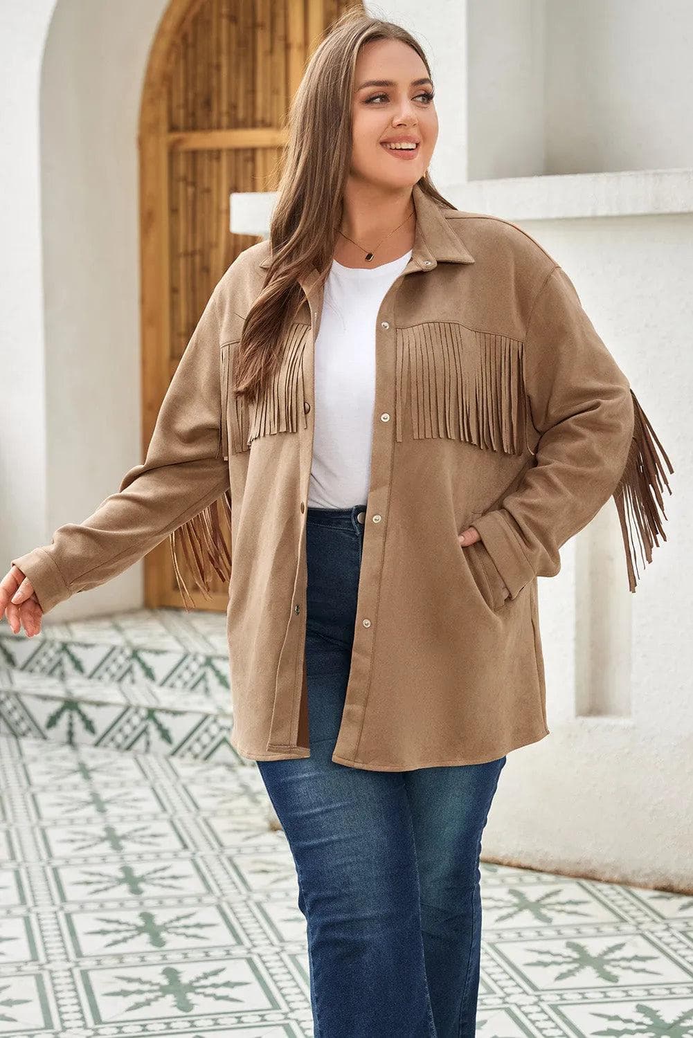 Plus Size/Plus Size Outerwear Khaki Fringe Trim Plus Size Suede Shacket