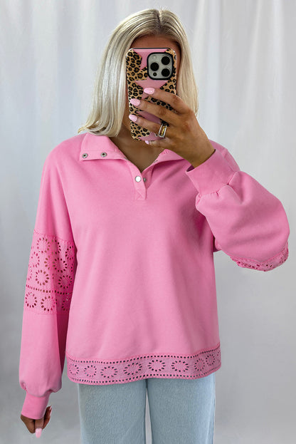 Bonbon Embroidered Flower Patchwork Snap Buttons Pullover Sweatshirt