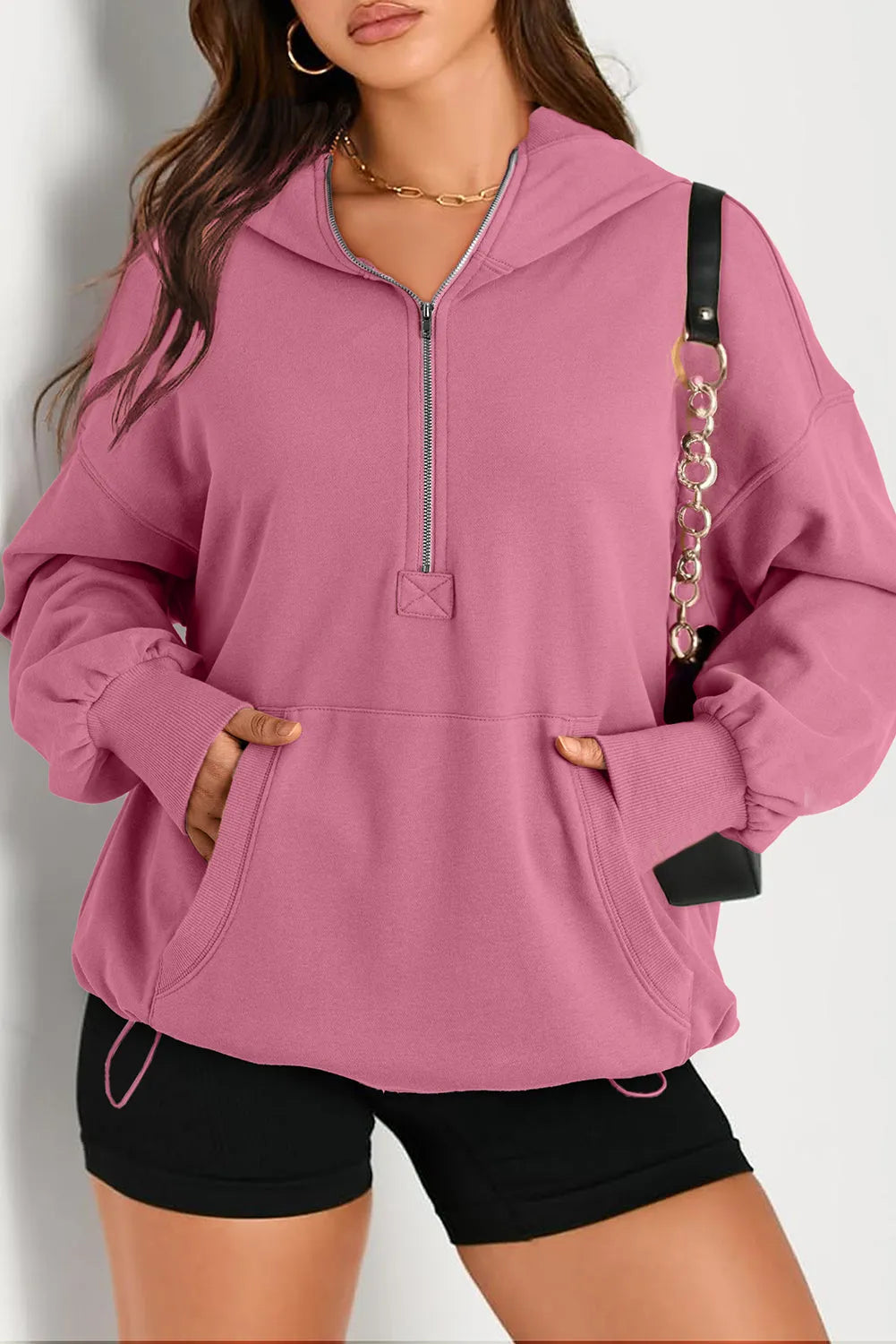 Valerian Solid Kangaroo Pocket Half Zipper Oversized Hoodie - Chic Meadow Boutique 