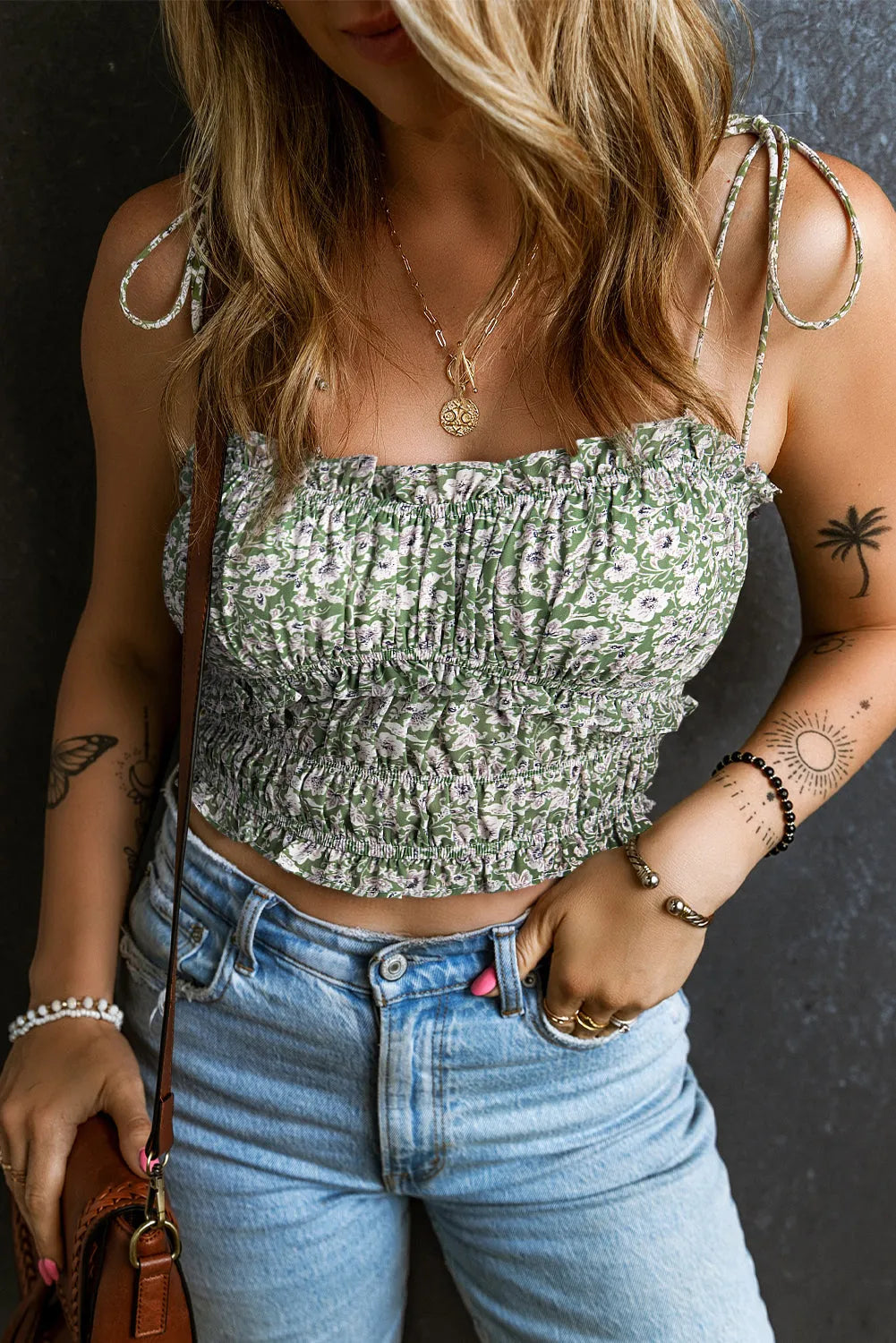 Green Floral Print Tie Spaghetti Straps Cropped Tank Top - Chic Meadow Boutique 