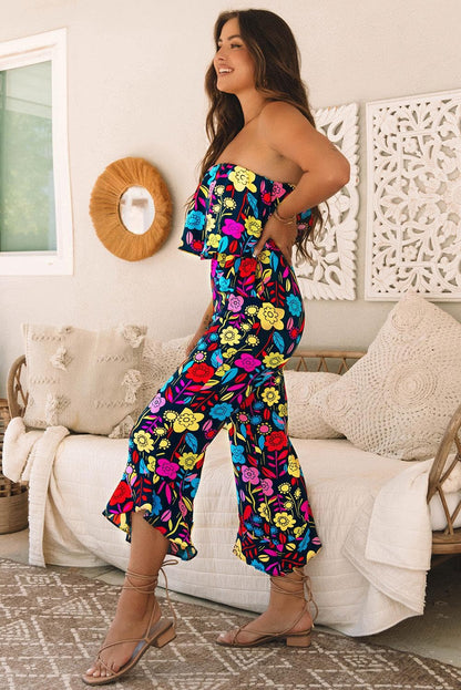 Bottoms/Jumpsuits & Rompers Red Mix Tropical Print Strapless Ruffled Jumpsuit