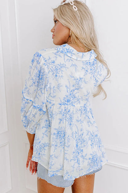 Sky Blue Floral 3/4 Sleeve Tied Collar Blouse - Chic Meadow Boutique 