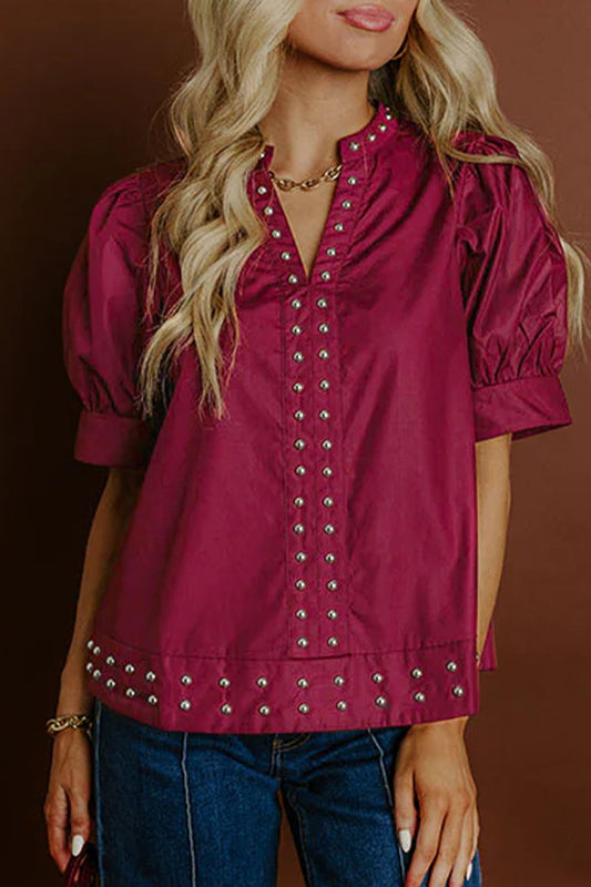 Burgundy Rivet Embellished V Neck Short Puff Sleeve Blouse