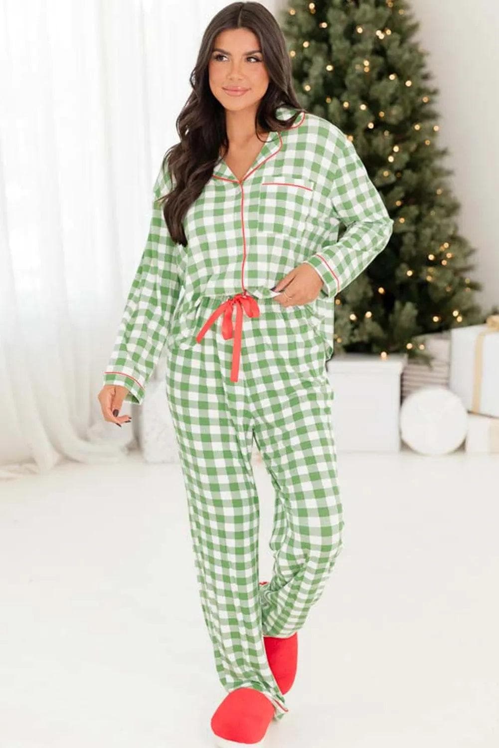 Loungewear & Sleepwear/Sleepwear Light Green Christmas Plaid Print Shirt and Pants Pajama Set