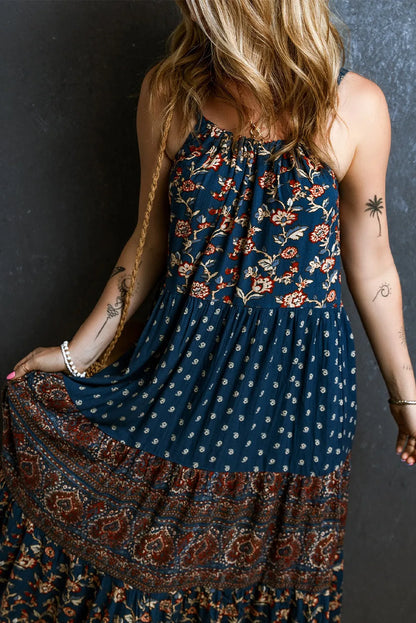 Blue Boho Floral Splicing Sleeveless Maxi Dress - Chic Meadow Boutique 