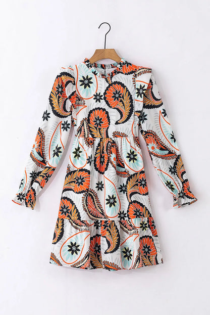 White Printed Boho Paisley Floral Print Puff Sleeve Mini Dress - Chic Meadow Boutique 