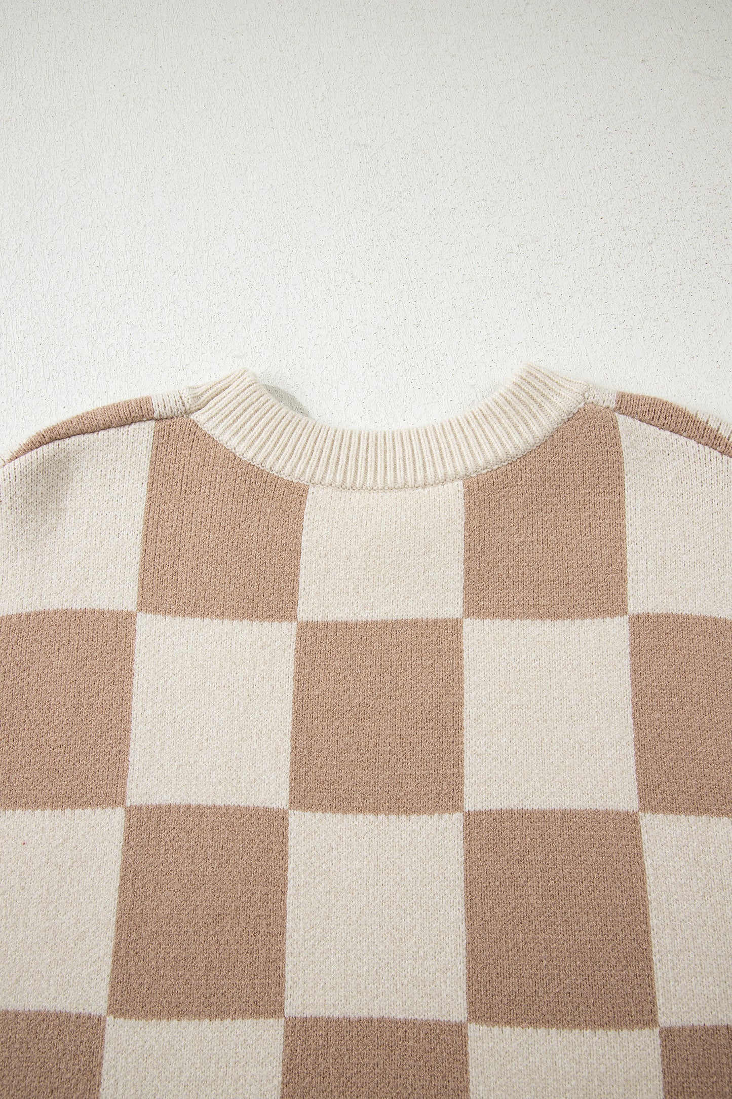 Parchment Checkered Pattern Ribbed Trim Knit Baggy Sweater