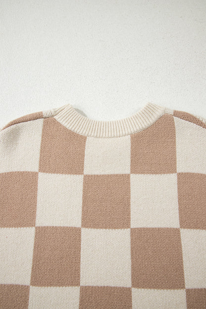 Parchment Checkered Pattern Ribbed Trim Knit Baggy Sweater