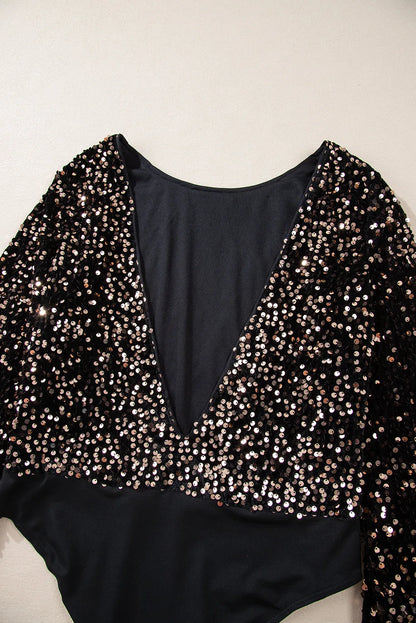 Black Deep V Back Sequin Puff Sleeve Bodysuit - Chic Meadow Boutique 